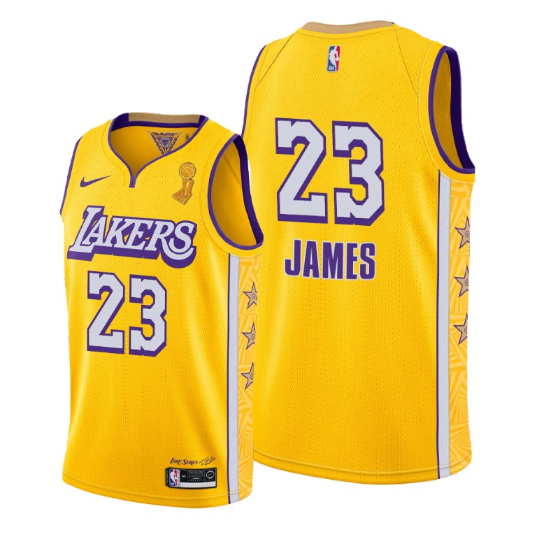 Men's Los Angeles Lakers LeBron James #23 NBA 2020 Social justice Finals Champions Gold Basketball Jersey ILT4883JR